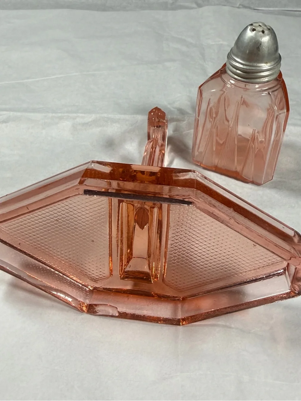 Vintage Pink Depression Glass Condiment Caddy Stand & Single Shaker Art Deco